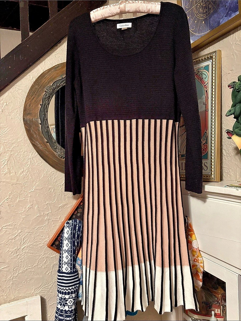 Calvin Klein Striped Mini Dress in Black & Pink Size Large